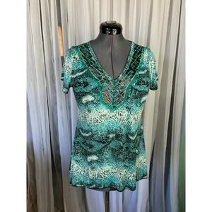 knit top jeweled collared green animal print